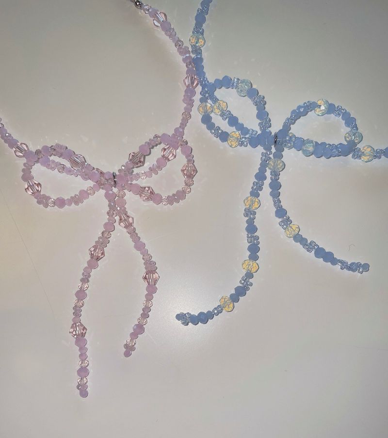 Bold Ribbon Beaded Necklace Blue Pink Birthday Gift Christmas