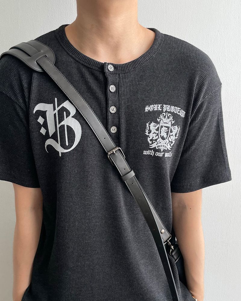 Shield Henley neck Waffle Short Sleeve T