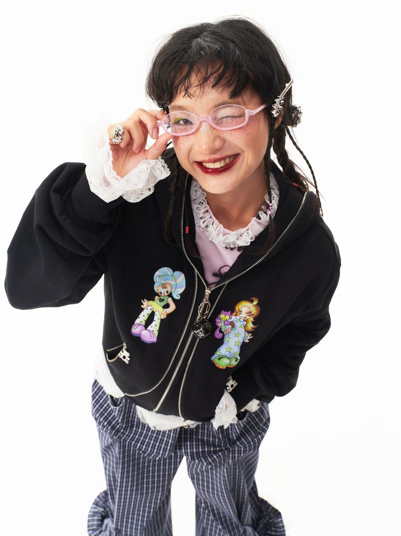 sillysis 黒のかわいい女の子イラスト、両頭金属ジッパー構造感スウェットパーカー