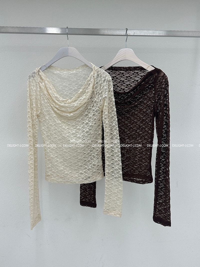 lace see-through off-shoulder T-shirt