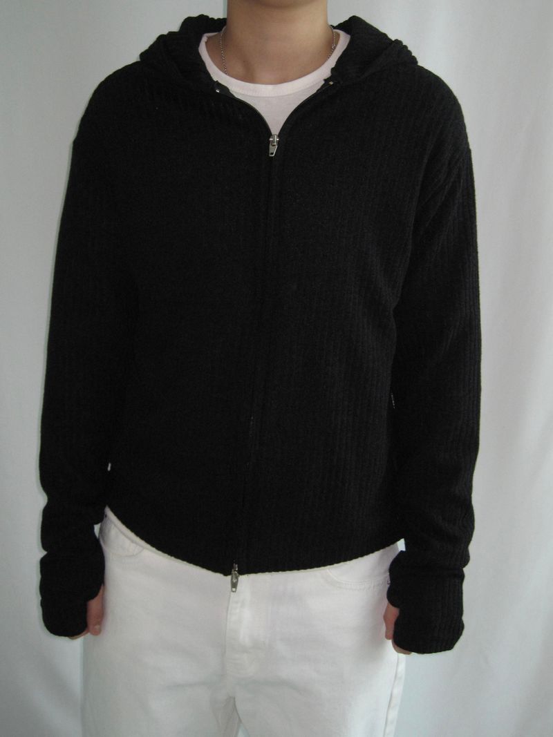 Slim Fit Finger Hole Ribbed Cropped Hood Zip-Up (2c)