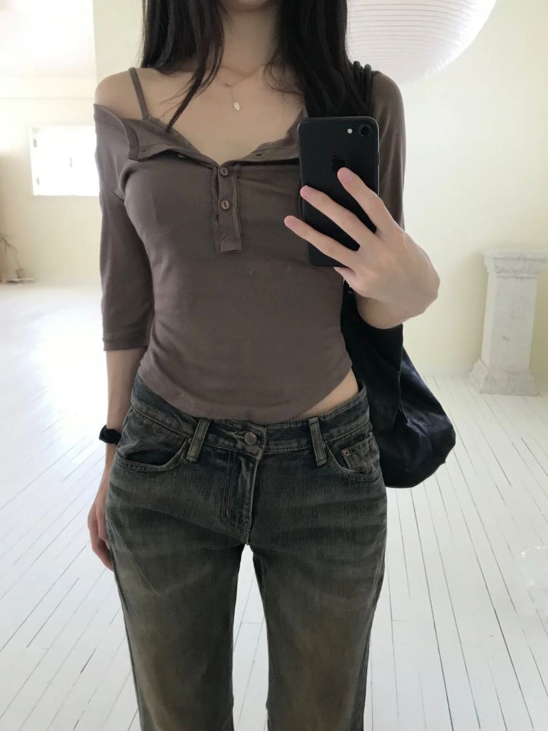 [Bralette SET] Martin Henley Neck Layered T-shirt (one color)