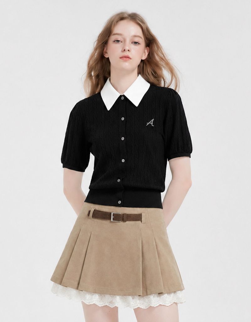 [PRE-FALL] エロディ シルク カラー ケーブル ニット ショートスリーブ カーディガン ブラック