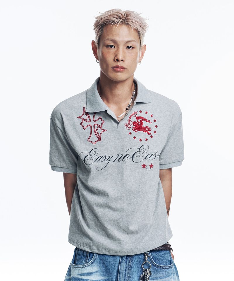 EASY NO EASY（イージーノーイージー）の「ホースエンブレム刺繍カラーTシャツ - グレー（トップス）」