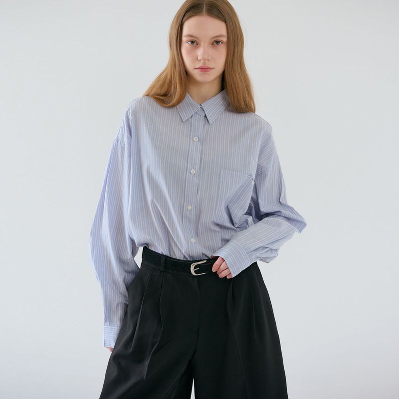 Over-sized Stripe Long Shirts Blue