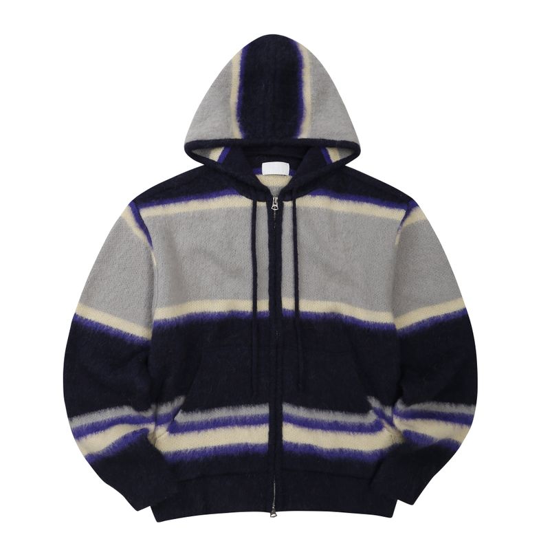 EEERRR Stripe brushed wool knit hoodie zip-up (Navy)