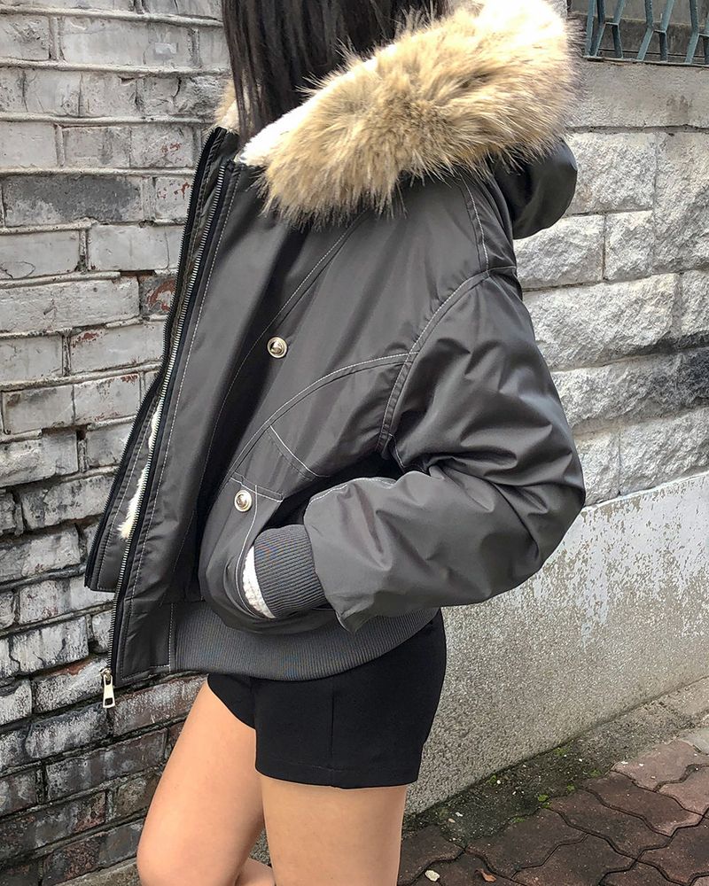 Kait Snap Button Stitch Oversized Fur Parka Jacket