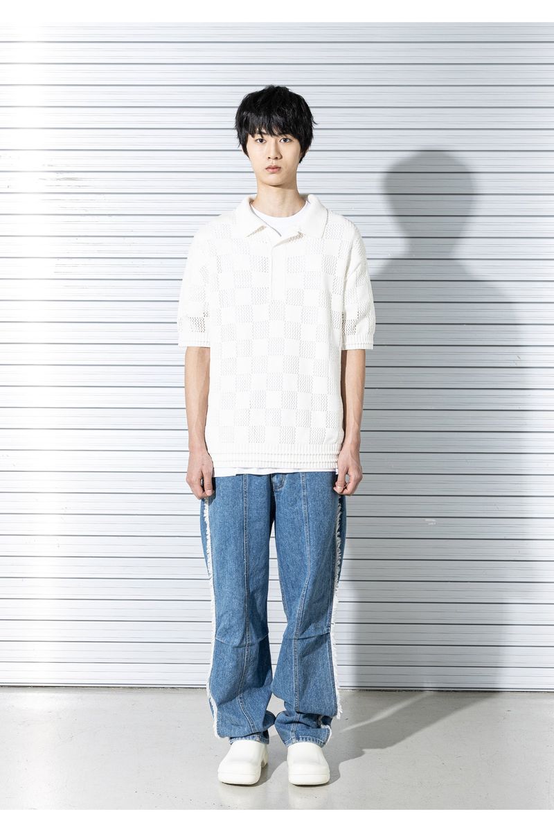 CHECKERBOARD MESHED KNIT HALF SHIRTS