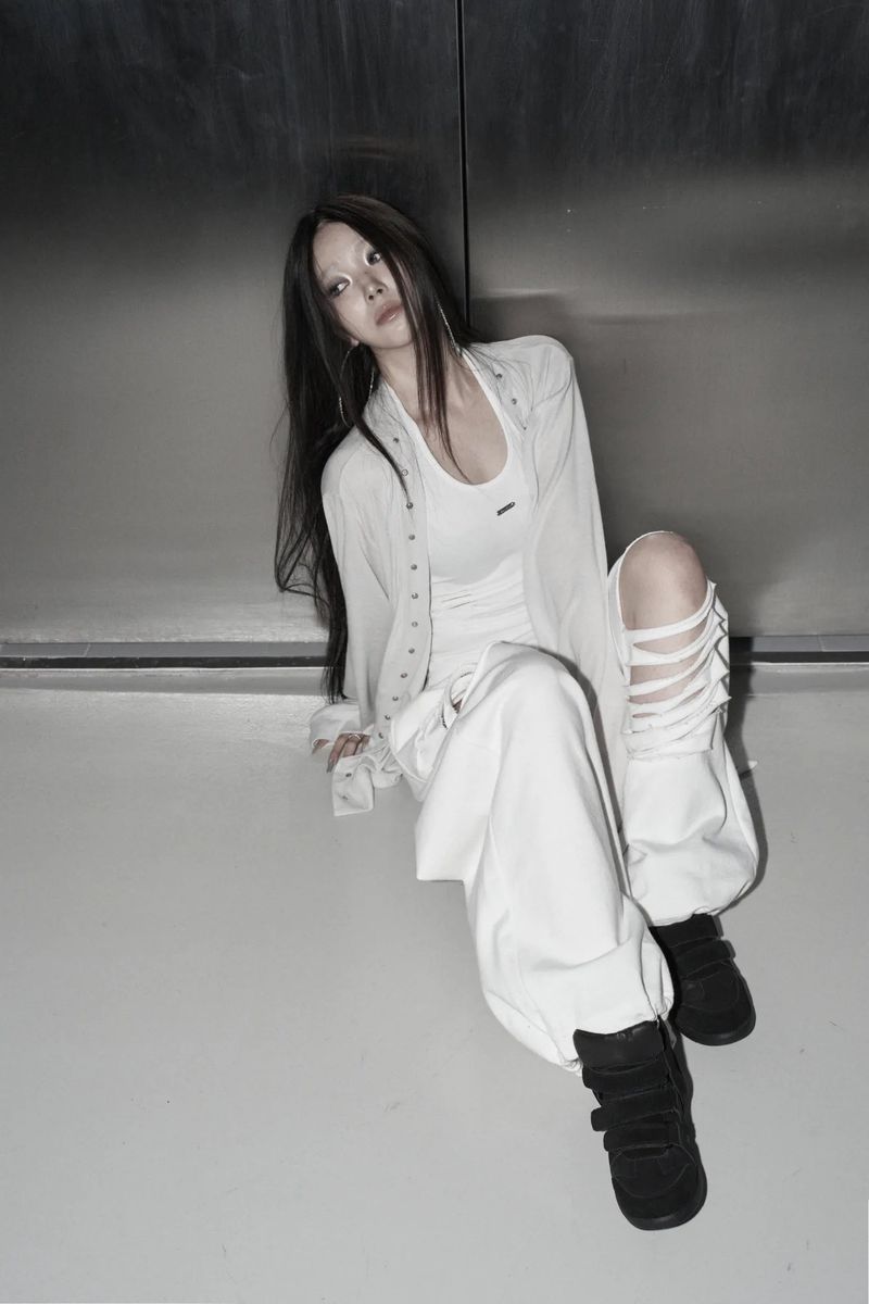[label] layered tie damage wide pants (white)