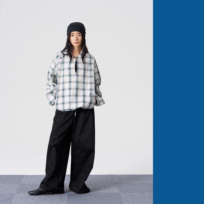 FMACM Collared Drawstring Plaid Shirt