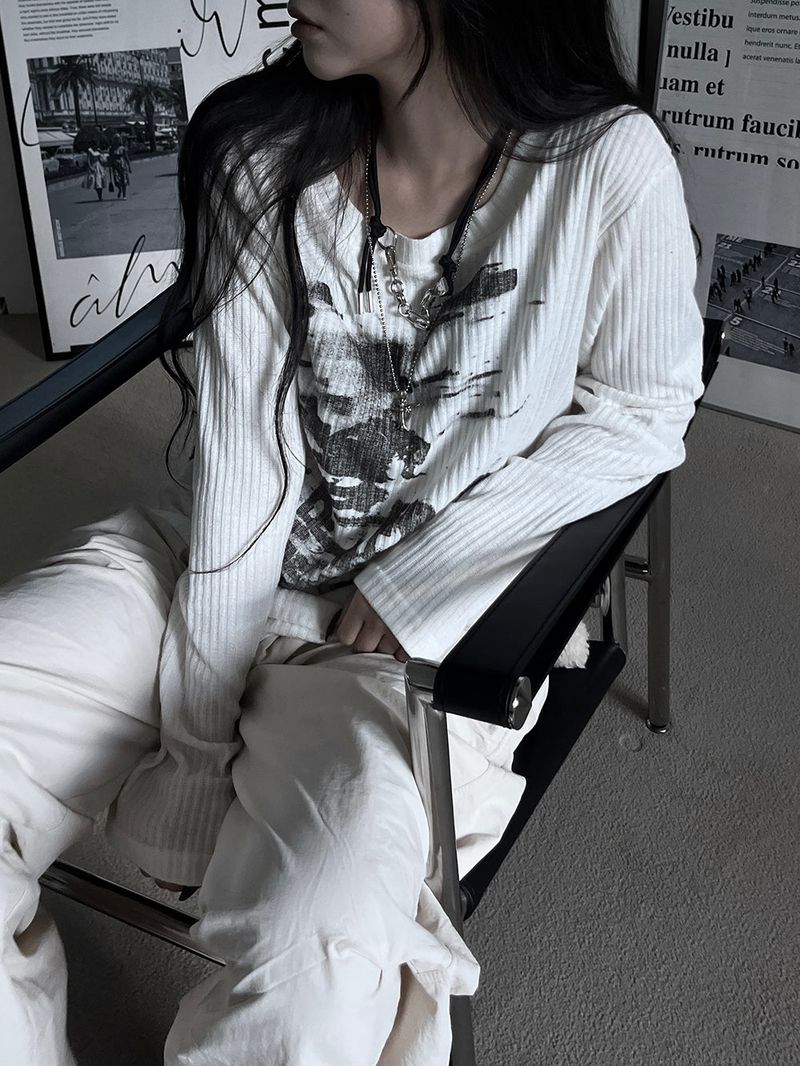 printed ribbed long sleeves (2color)
