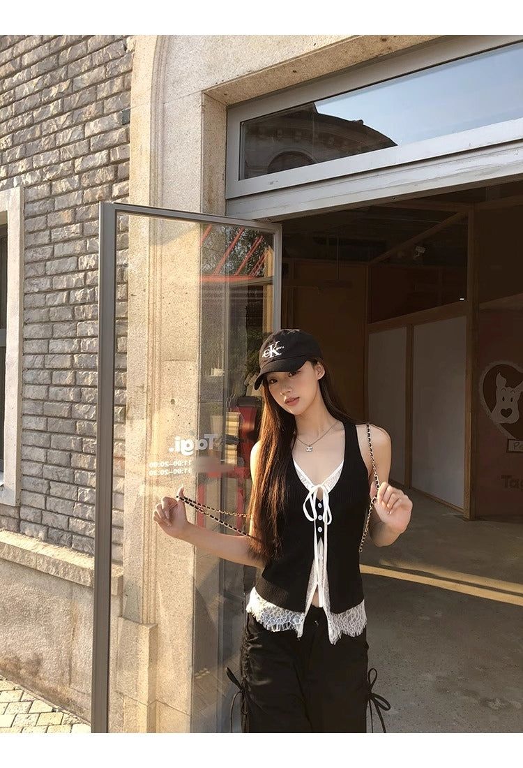 Black Lace Layered Vest Sleeveless Top