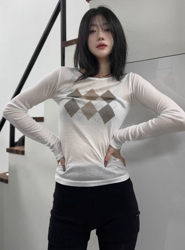Argyle See-Through Long Sleeve T-Shirt
