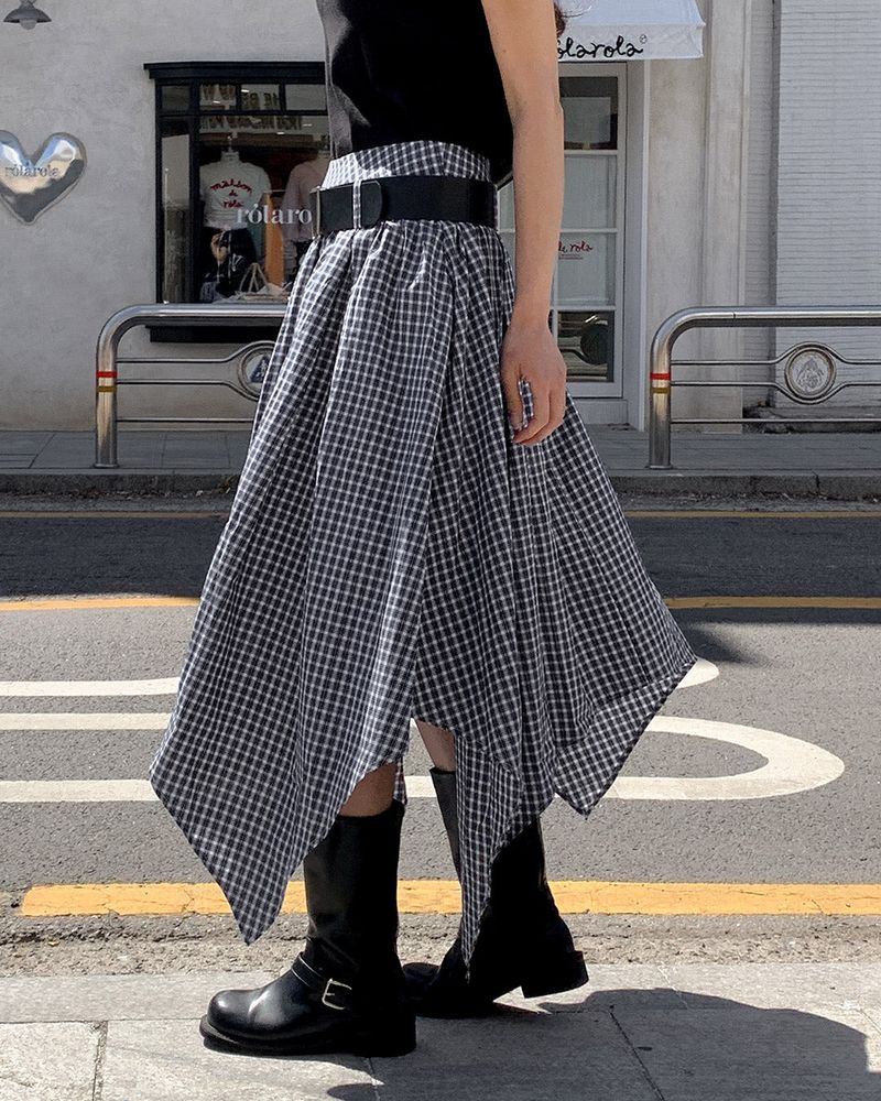 Morang check skirt & belt set