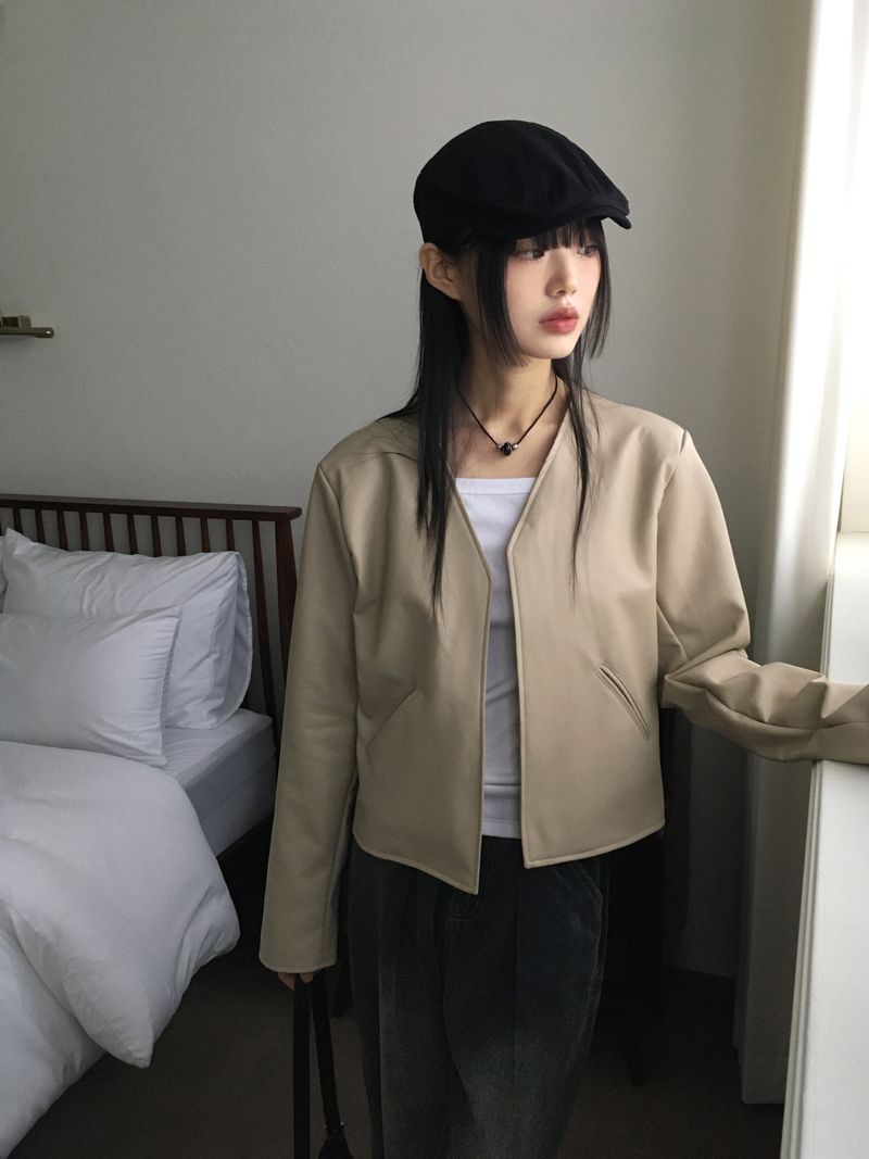 TF no-collar V short leather jacket