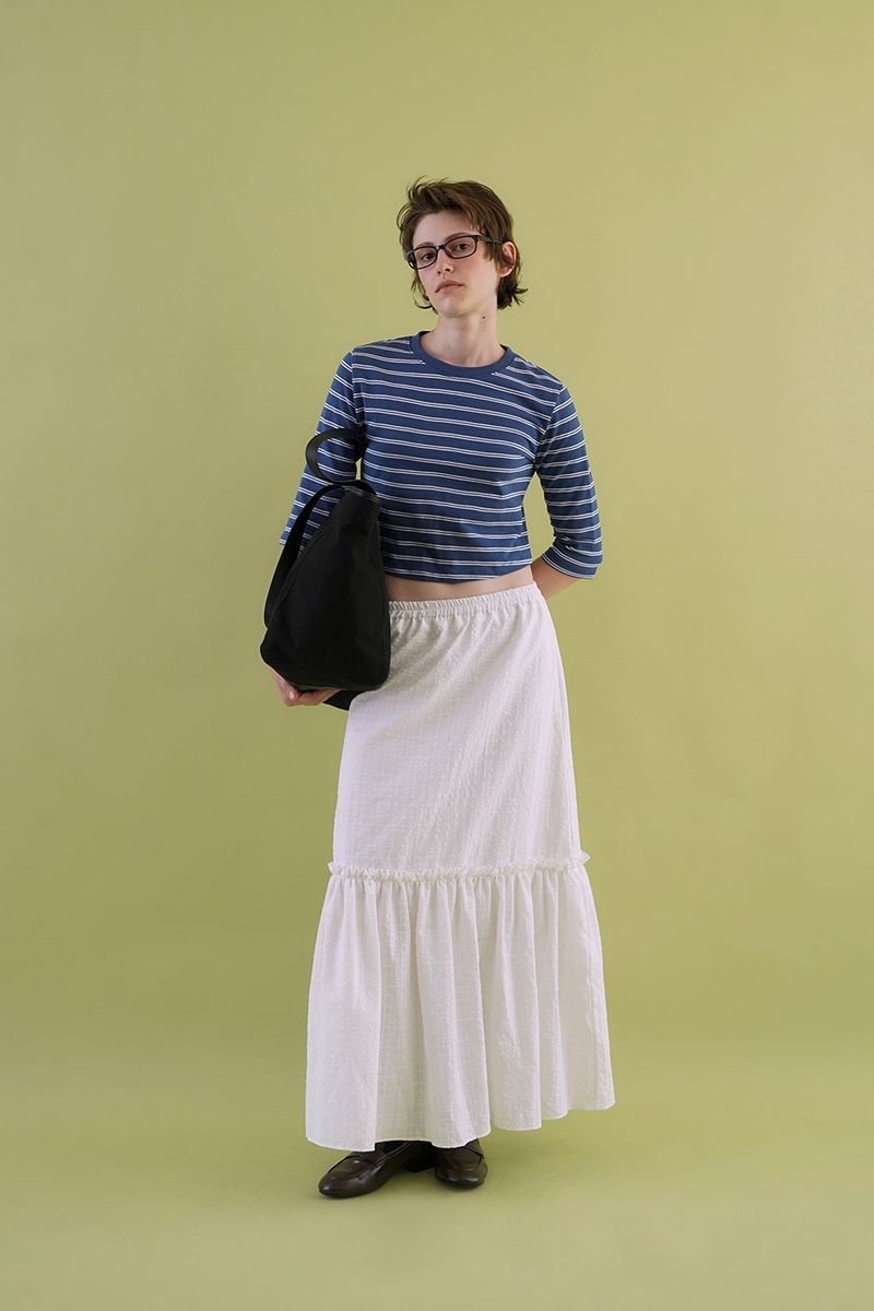 Gather check shirring skirt_ivory