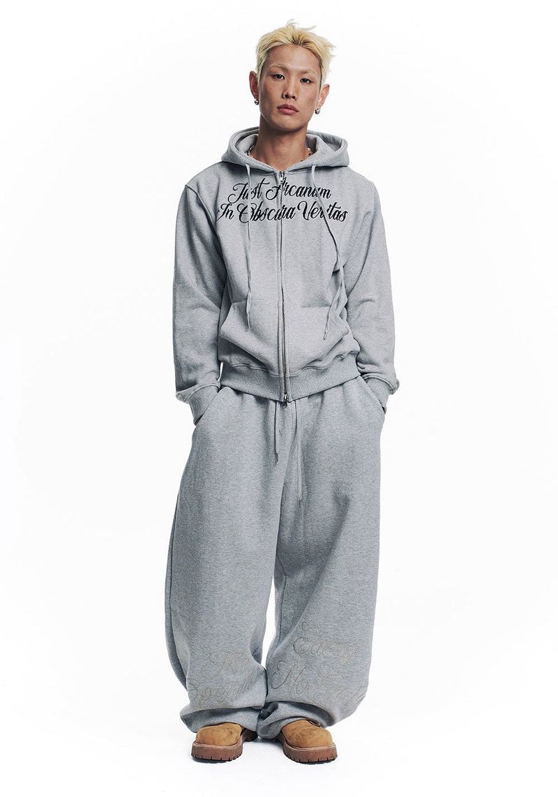 Lettering Embroidered Hoodie Zip-Up - Gray
