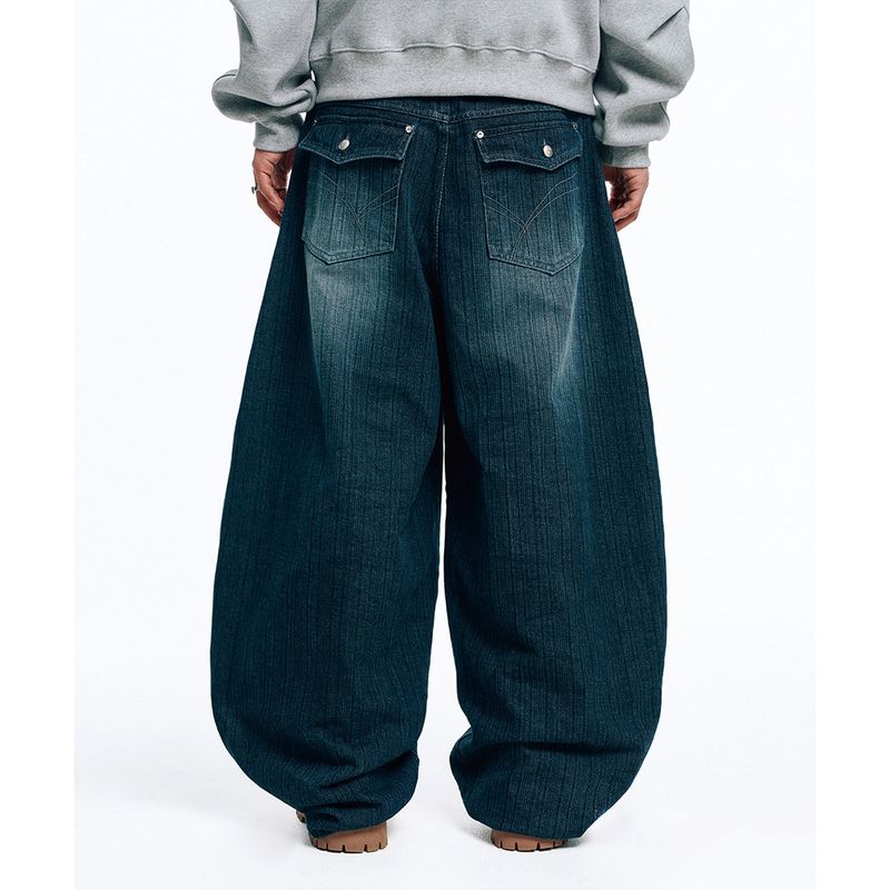 Vertical Wash Wide Denim Pants - Navy