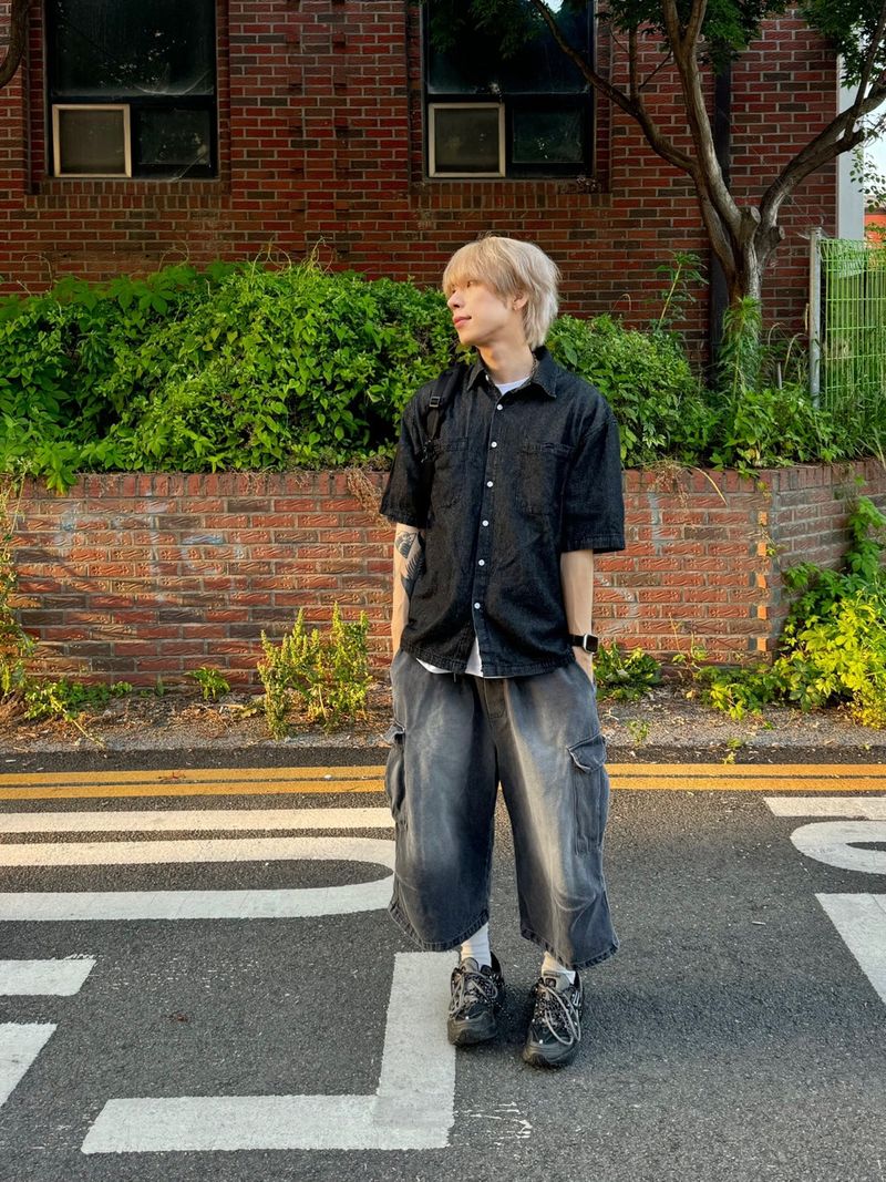 Salt washing cargo bermuda denim pants 3C