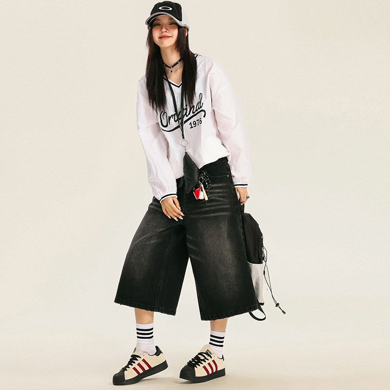 American retro loose-fitting washed distressed wide-leg capri pants
