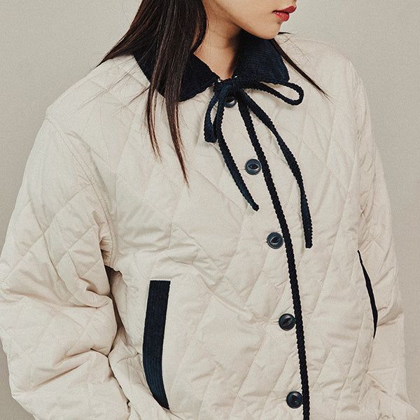 ROMANTIC CROWN（ロマンティッククラウン）の「RIBBON TIE QUILTING JACKET_OATMEAL（Jackets/Outerwear）」
