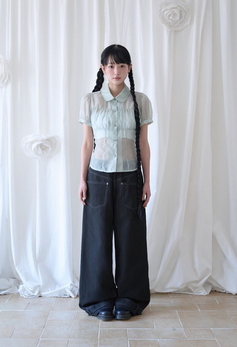 SHIRRING SHEER BLOUSE PISTACHIO