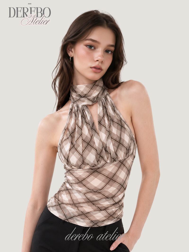 dereborujo（ドレボルゾー）の「Shphone check holder neck mint-sleeved blouse Top （Tops）」