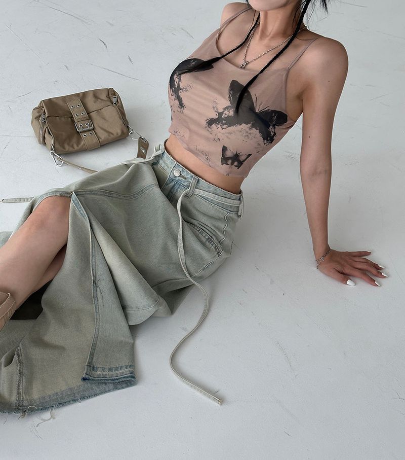 Strap belt Set Denim Long Skirt