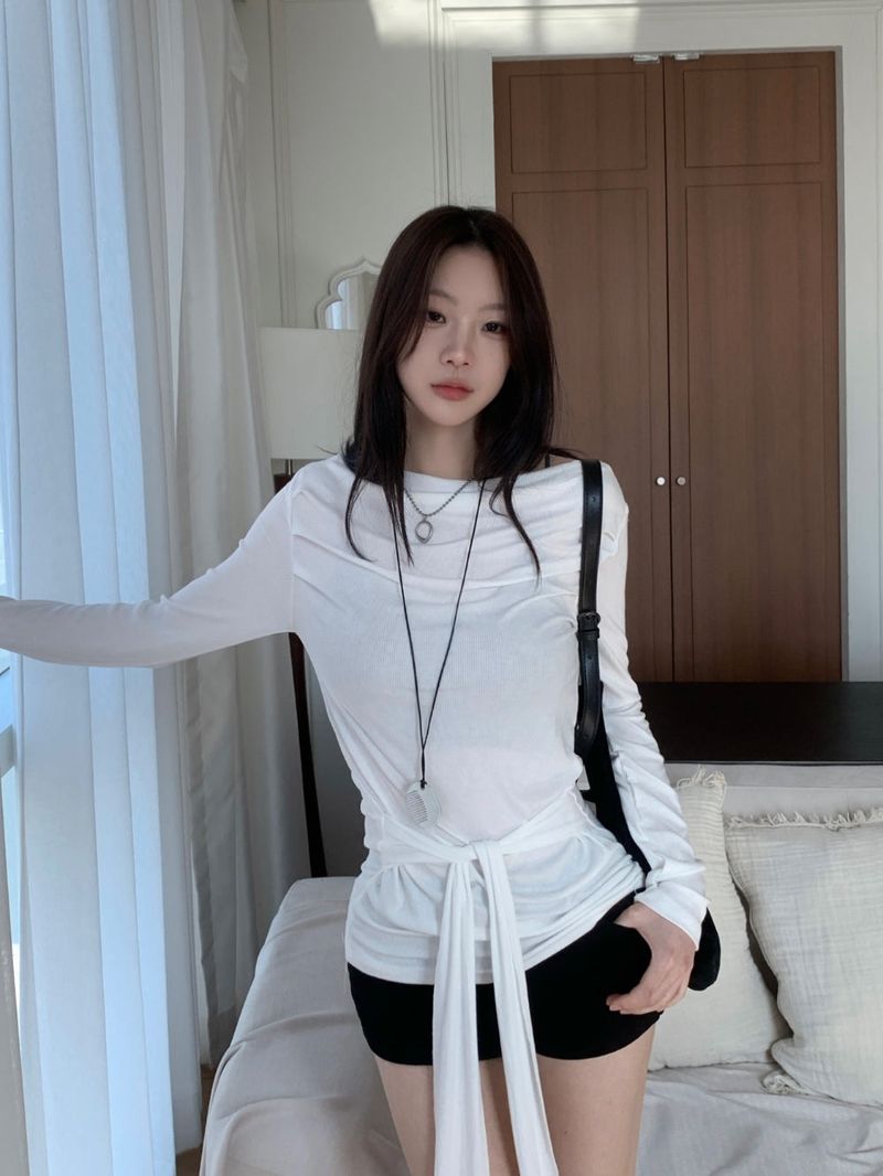 Loving Front Wrap Tie Boat Neck Long Sleeve Tee 