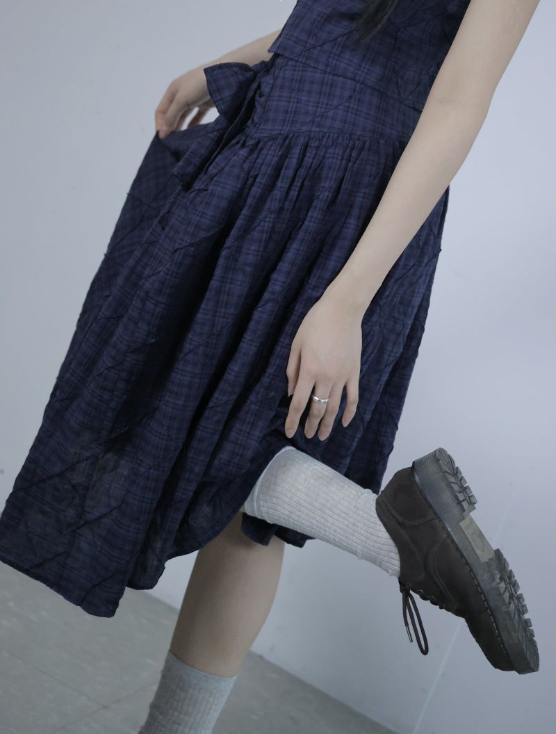 Cozy Check Ribbon skirt -Navy