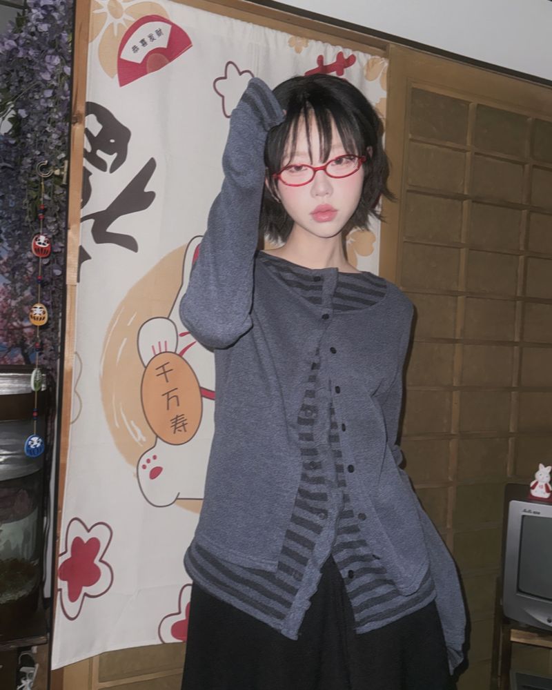 (3color) Ruffle Stripe Layered Cardigan