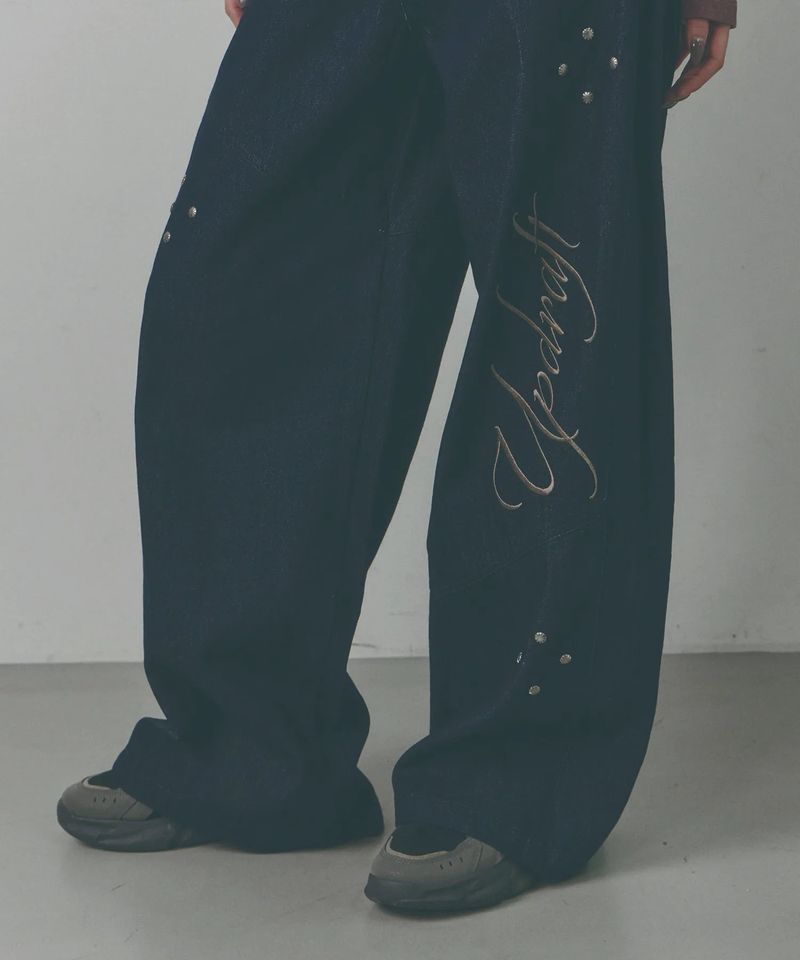 Side Pintuck Rivet Wide Denim Pants [Washed Blue]
