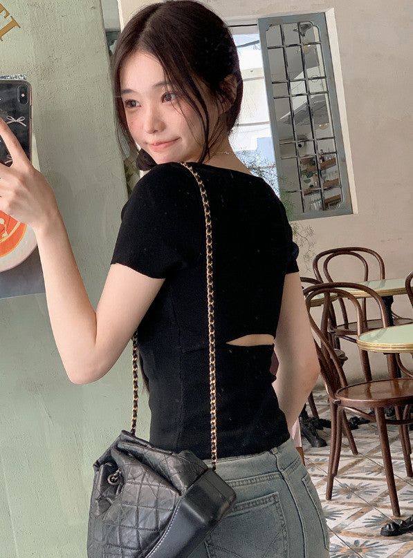 #Back Slit Square Short Sleeve Knit + Scrunchie Set (5color)