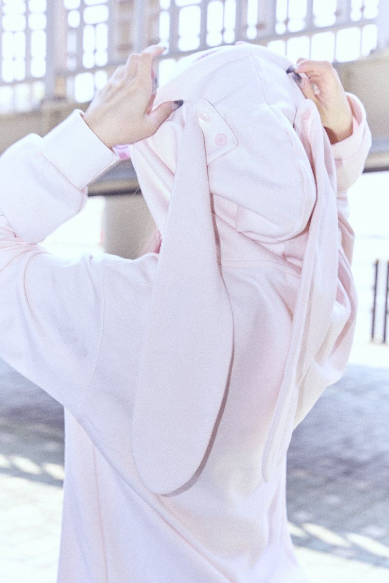 Ribbon bunny hood zip-up (soft pink)