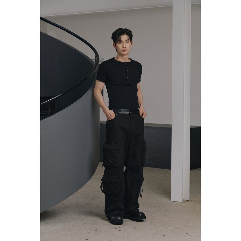 High ribbed henry neck half sleeves(Black)