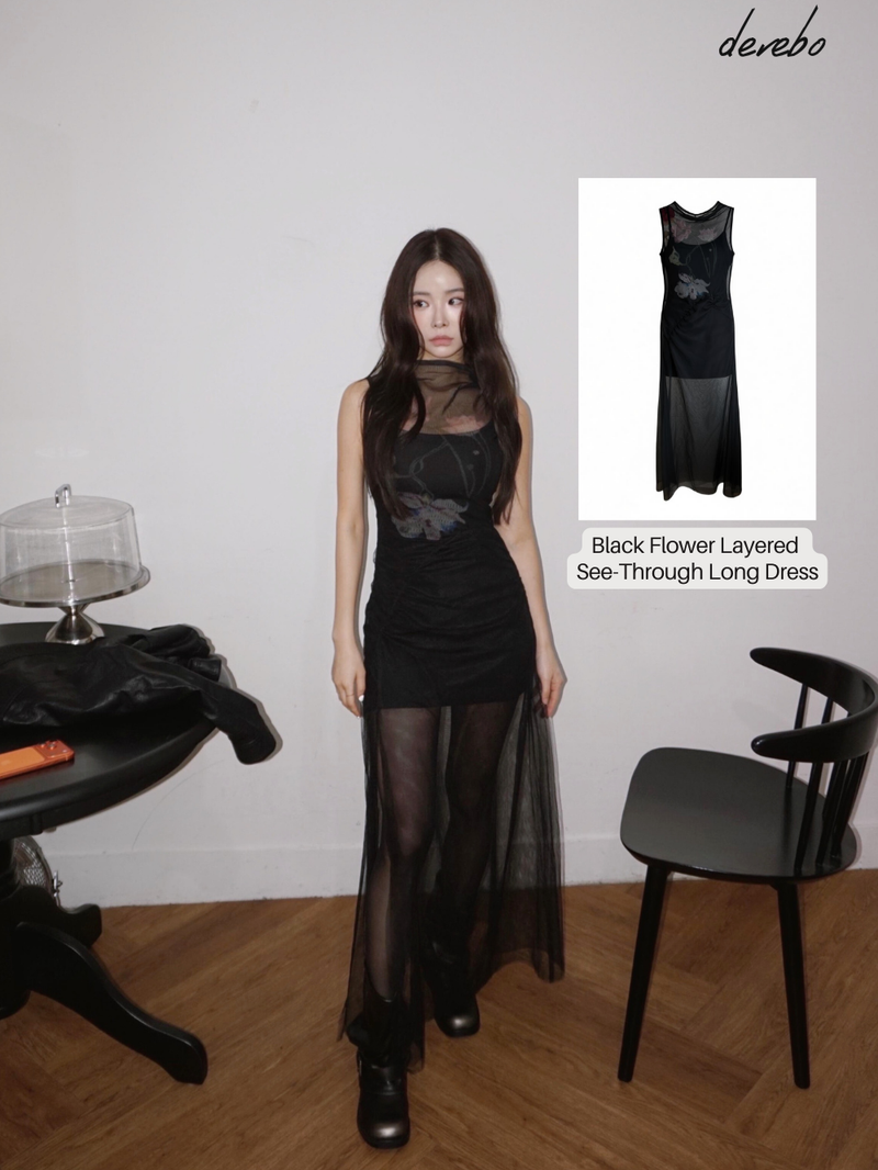 dereborujo（ドレボルゾー）の「Black Flower Layered See-Through Long Dress（Dresses）」