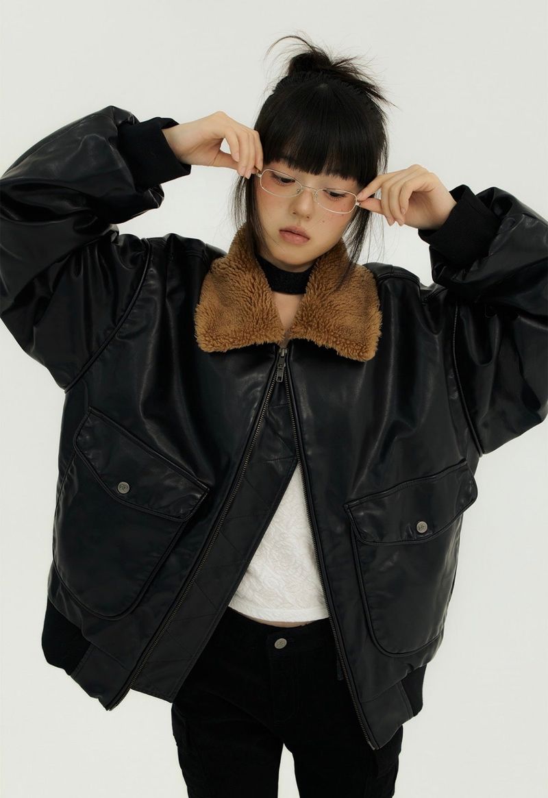 BIG POCKET FUR-COLLAR LEATHER JP BLACK