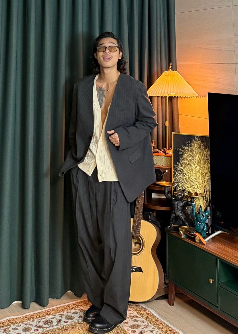 No-Collar Striped V-Zip Slacks 2COLOR