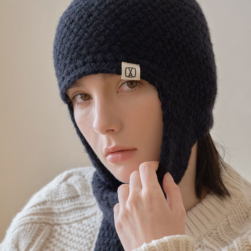 VA Square Label Knit muffler beanie / Black