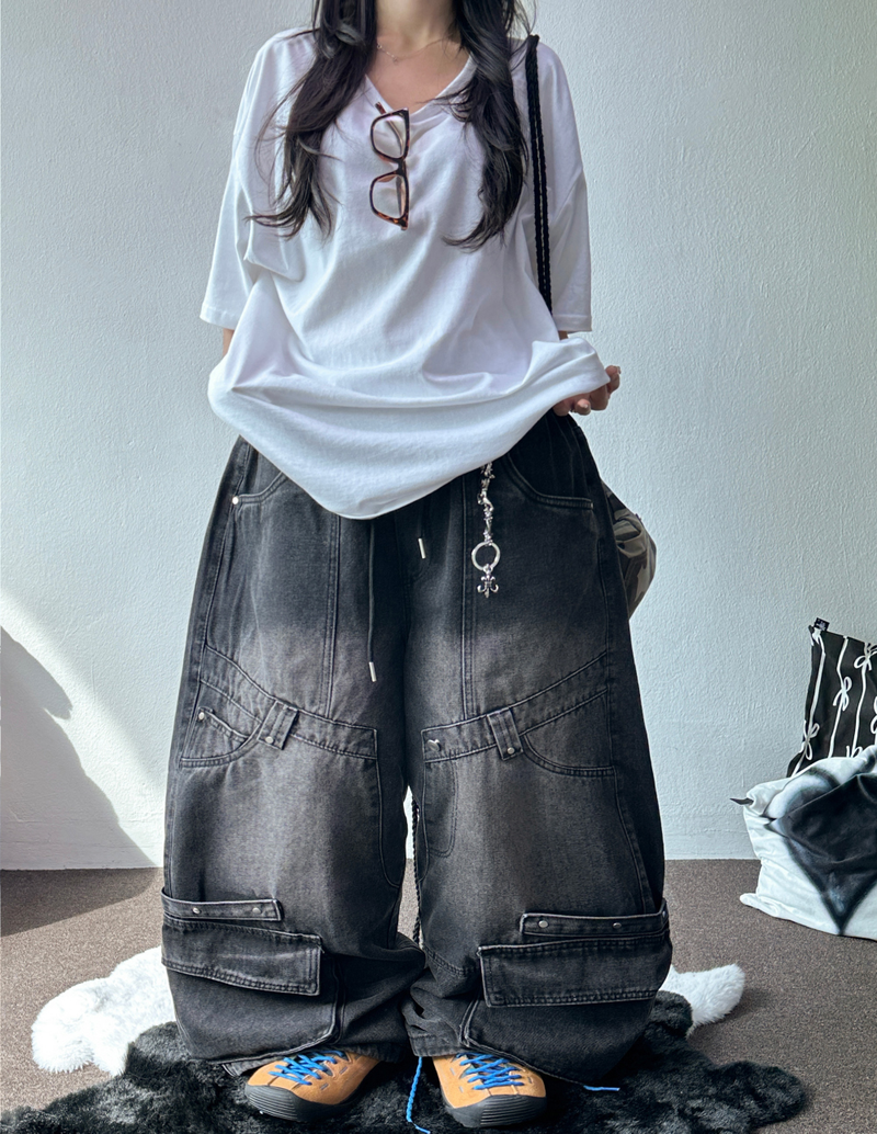 HIP RIVET KEYRING DOWN CARGO DENIM LONG PANTS🩵🩶 - 2 COLORS