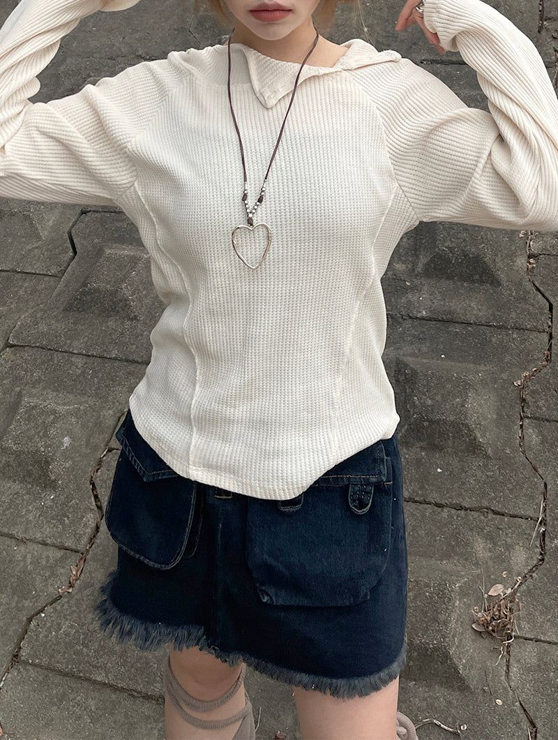Waffle cut diagonal knit hood