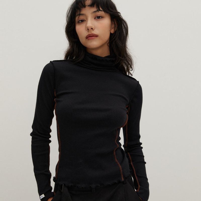 Contrast Interlock Turtle Neck T/Shirts Black