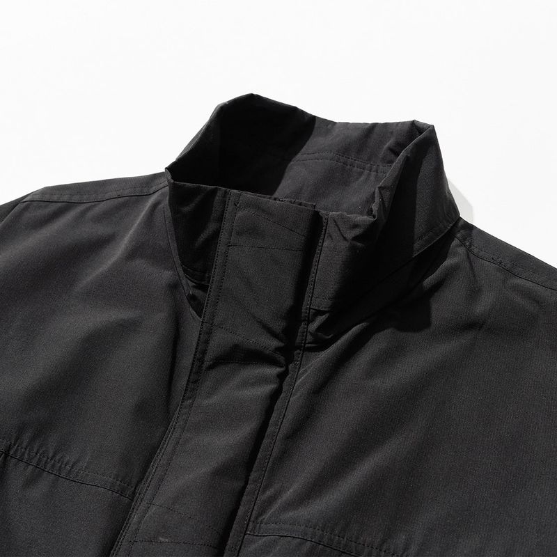 Poly Cotton RIB Double Placket Long-Jacket - BLACK