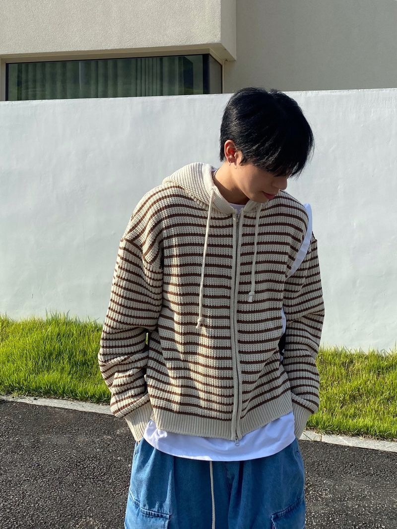 Stripe knit hooded zip up 3C