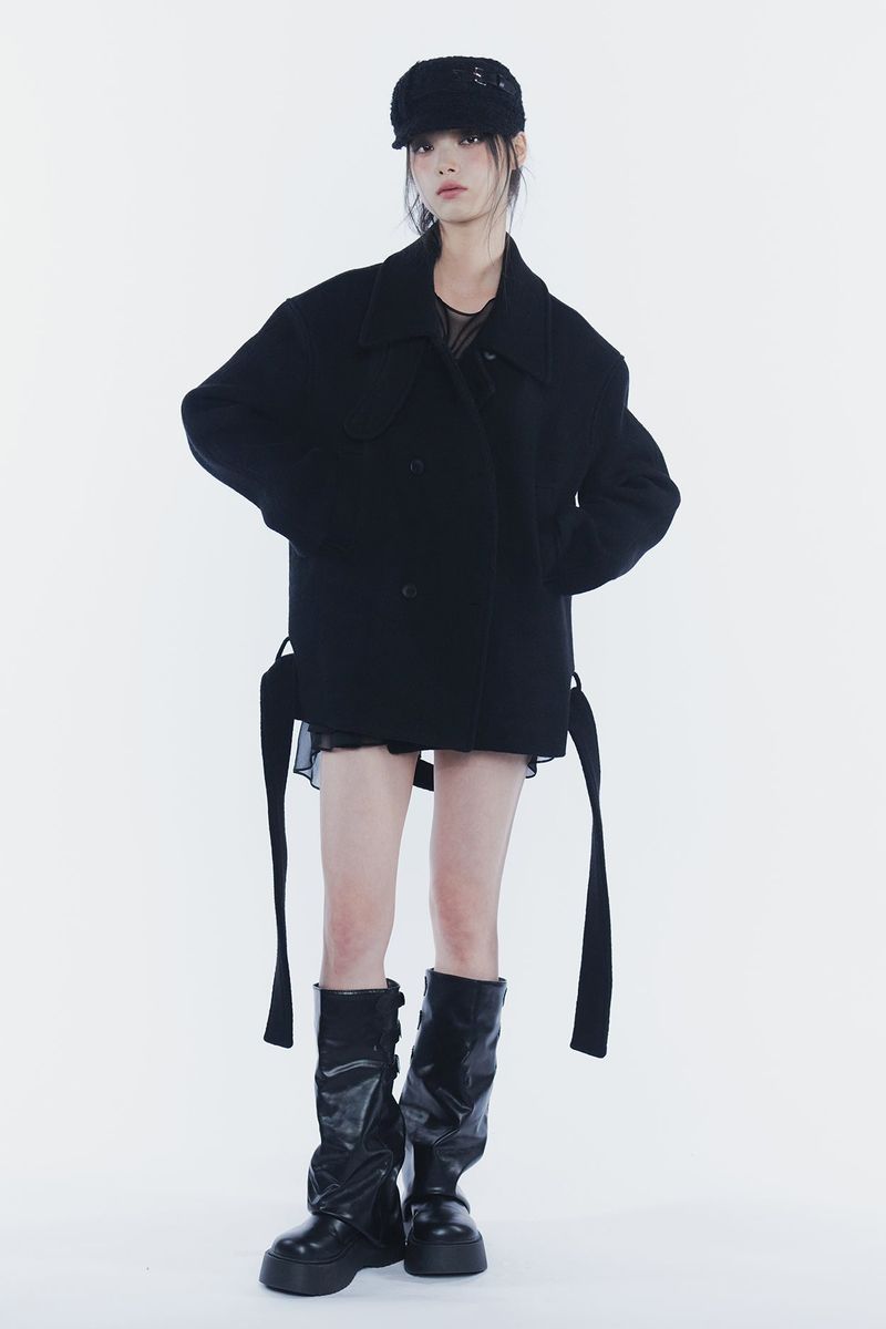 AMBER BELTED DOUBLE COAT black