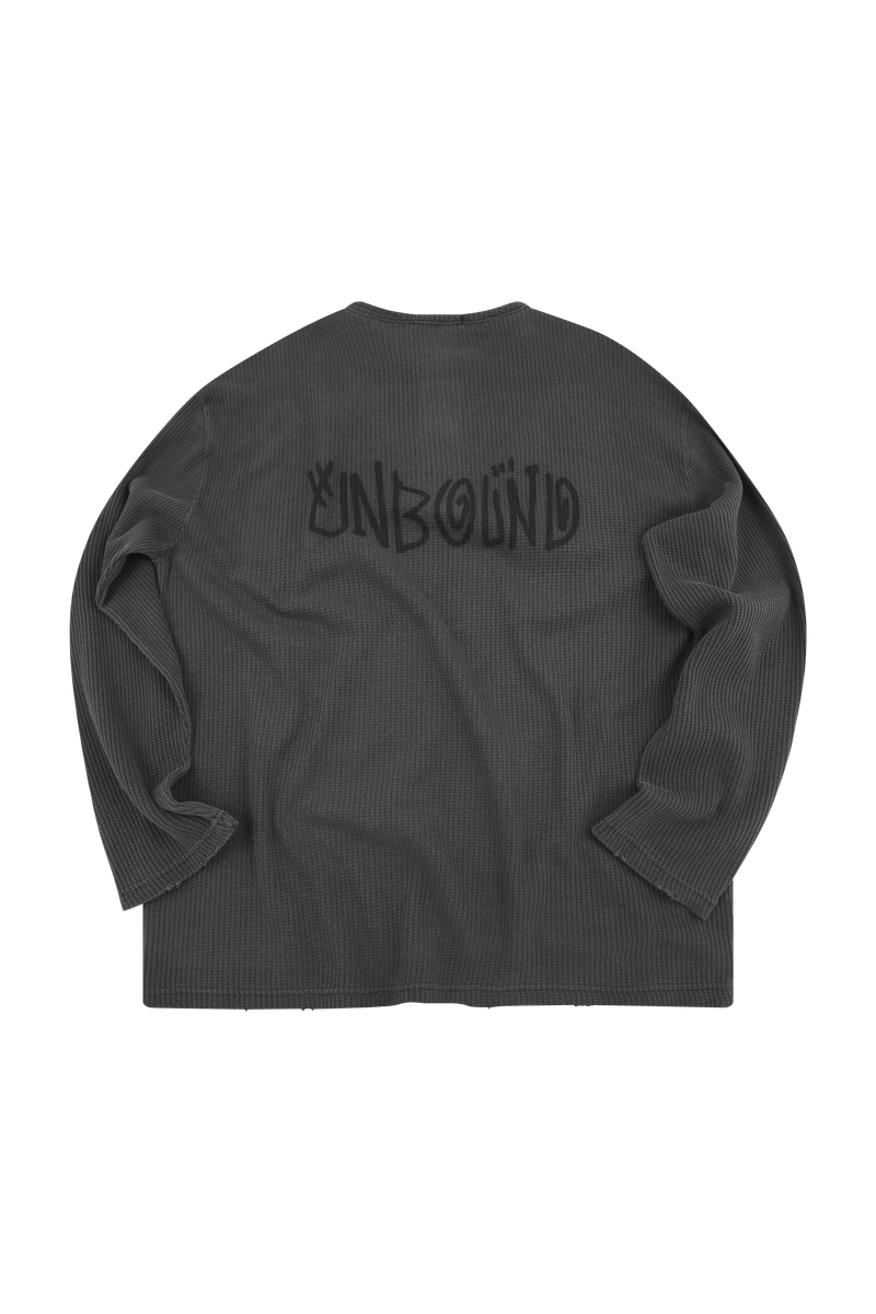 Damaged waffle button long sleeve t-shirts charcoal