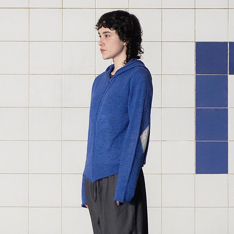 ARGYLE ELBOW KNIT ZIP-UP HOODIE / BLUE