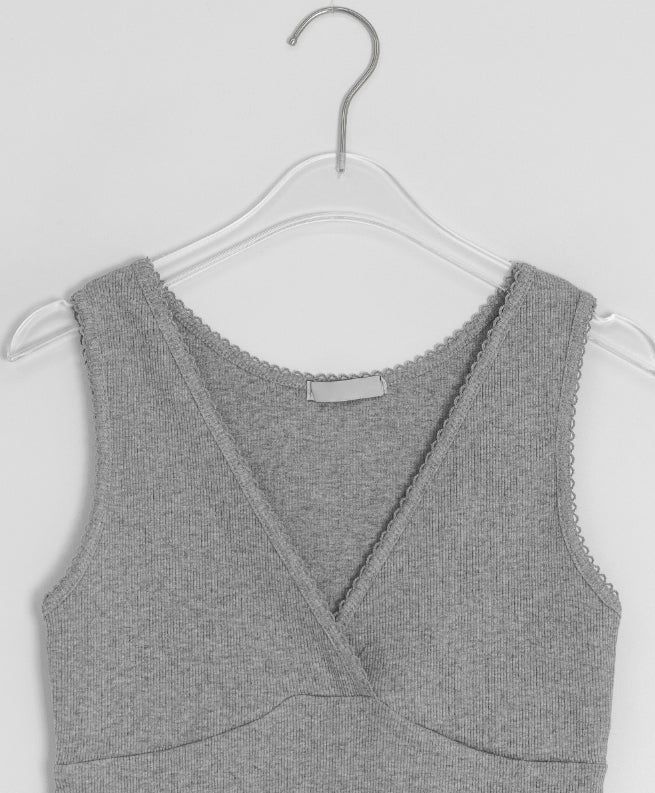 Ichi Deep V-Neck Lace Ribbed Wrap Sleeveless