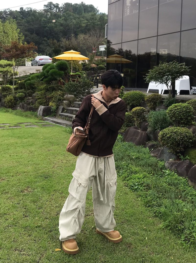 Rib Hood Half Zip-Up Knit