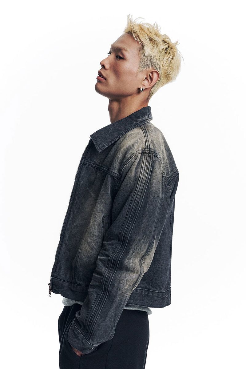 Washed Crop Track Denim Jacket - Black